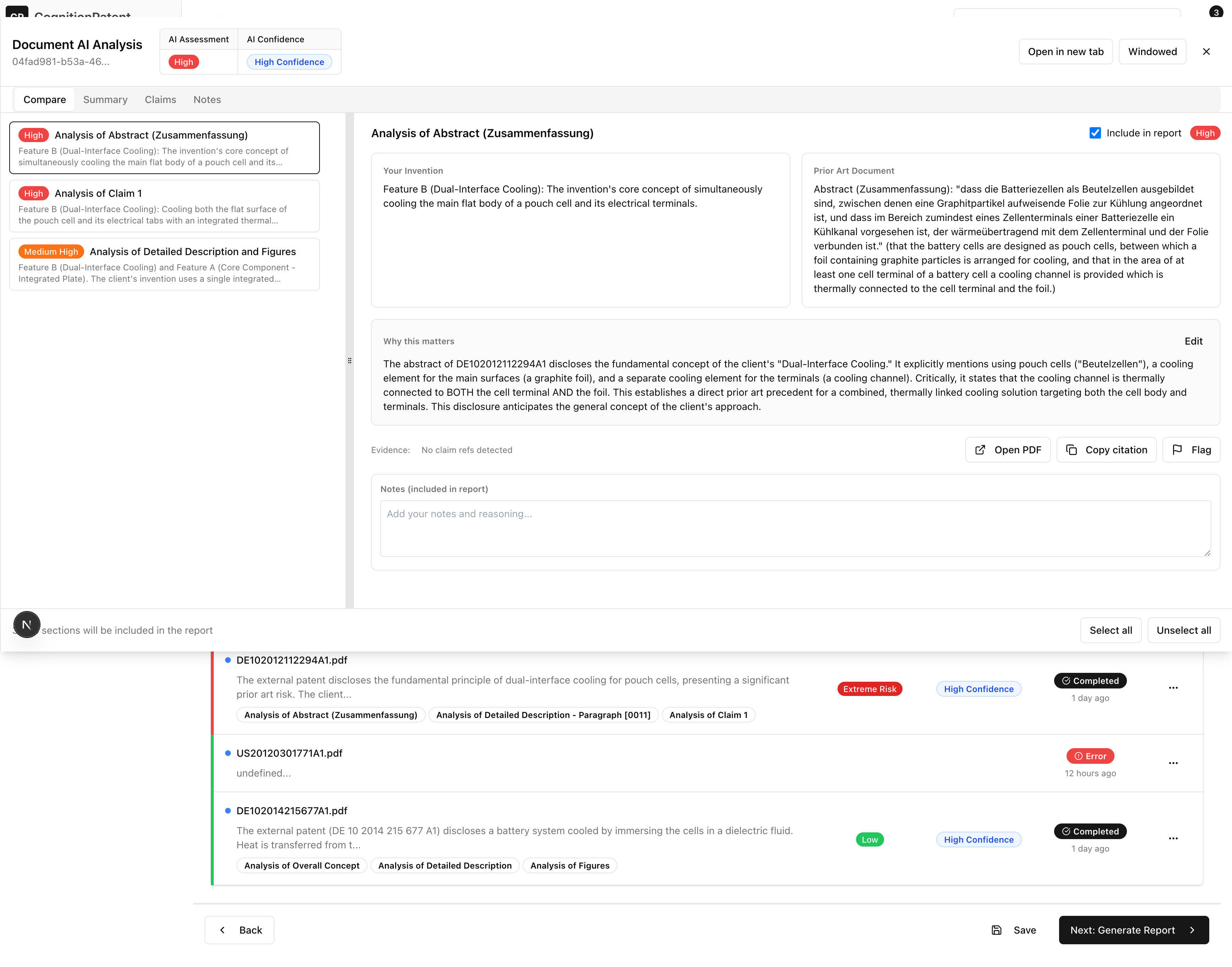 Side‑by‑side invention vs prior art with AI reasoning